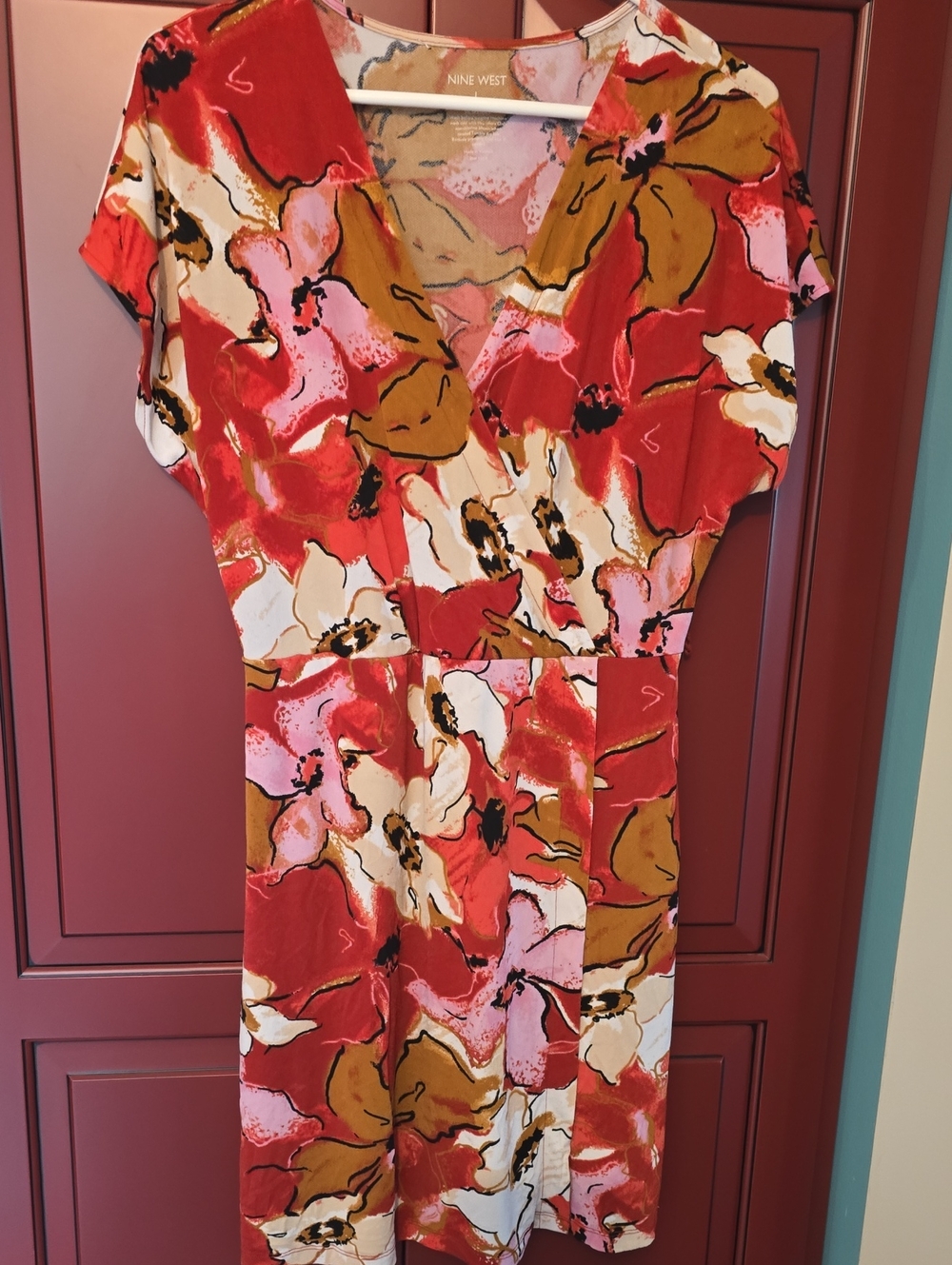 Nine West Red Floral Wrap Dress with Pink & Cream Accents